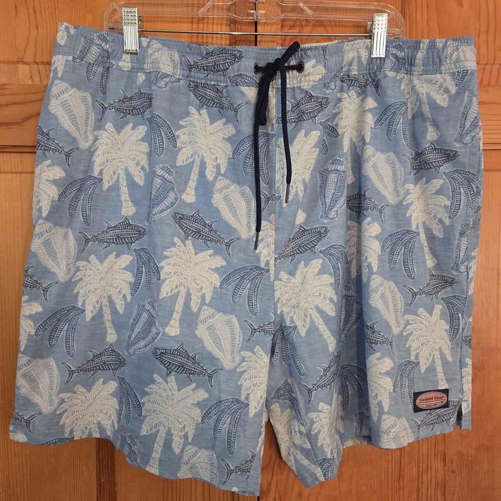 Vineyard Vines Swim Trunks Tropical Palm‎ Trees & Fish Mens 2XL Blue & White